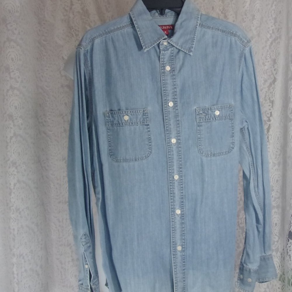 Merona Disstressed Faded Denim Shirt Blouse Blue Size M